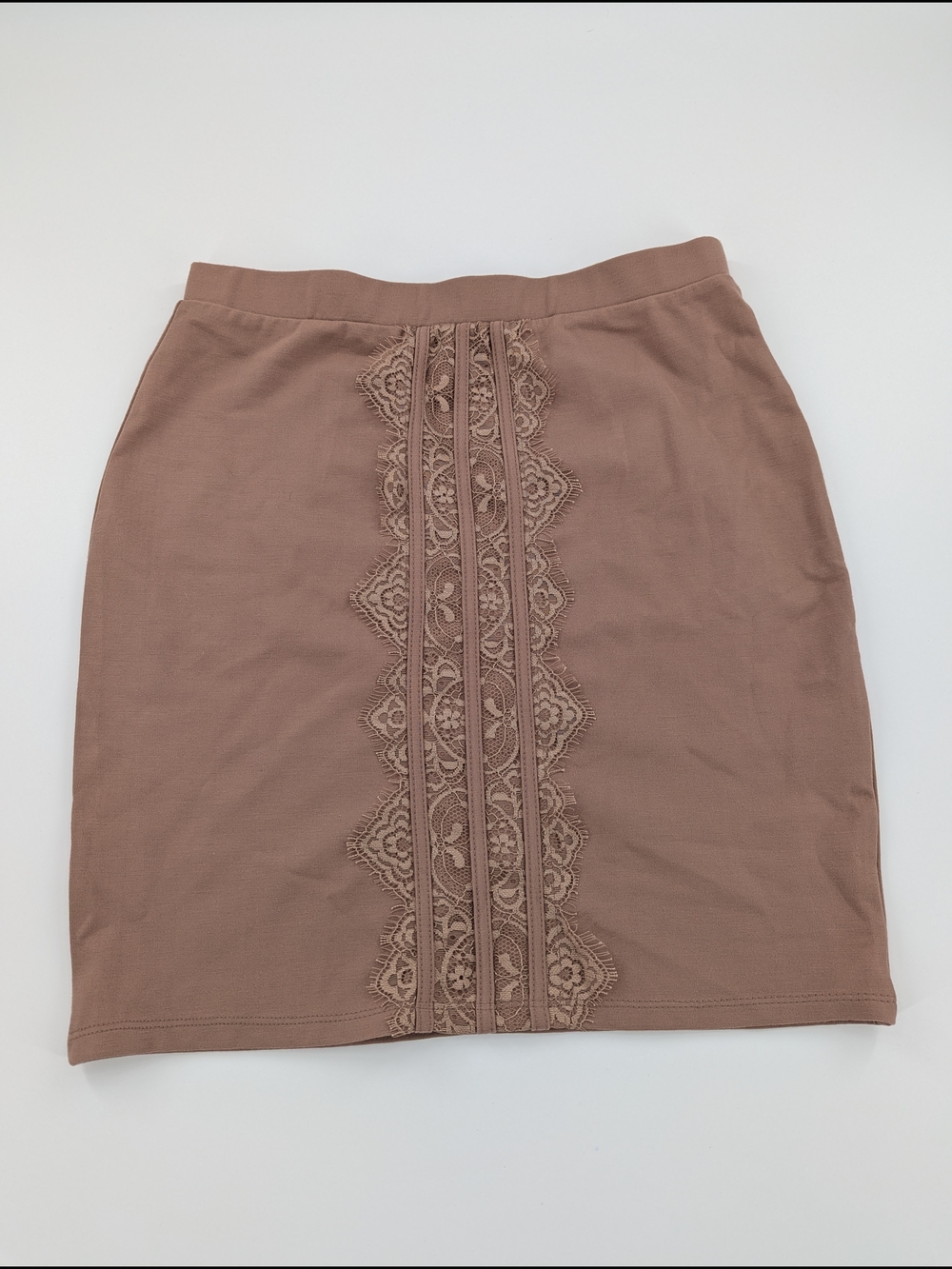 Haute Monde Lace Trim Bodycon Mini Skirt High Waist Coquette Chic Medium Taupe